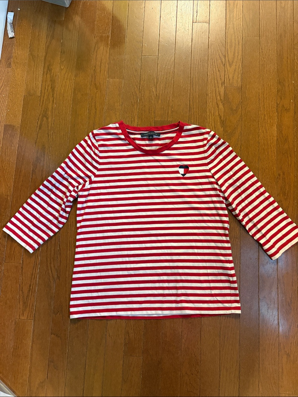 Tommy Hilfiger Red and White Striped 3/4 Sleeve Tee